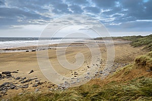 Stunning empty Fanore beach in county Clare, Ireland. Winter season. Beautiful cloudy sky. Nobody. Irish landscape