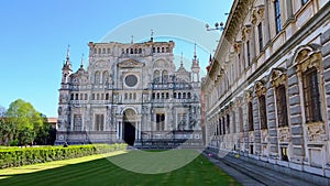 The stunning facade of Church of Certosa di Pavia Monastery, Italy