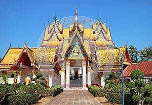 Stunning Facade of Wat Wang Wiwekaram Temple in Sangkhlaburi District, Kanchanaburi, Thailand