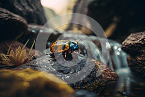 A Stunning Fairy Tale Insect: Bokeh, Unreal Engine 5, and Ultra-Wide Angle Capture the Insane Detail Near a Glistening Waterfall