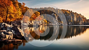 Stunning Fall Colors Overlooking Lake With Reflection Of Rocks