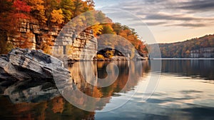 Stunning Fall Lake Scenic Image With Cliffs And Trees