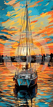 Stunning Fauvist Sailboat Illustration: Beneteau 36.7 In Annapolis Harbor At Sunset photo