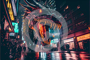 Stunning fierce dragon roaring in a city at night