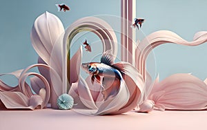 stunning fine art background with azure-pink betta fish and design elements. 3D render digital artwork for branding and design