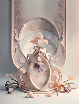 stunning fine art background with pale dust pink irises and design elements. 3D render digital artwork for branding and design .