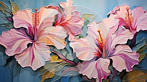 Stunning Floral Painting: Abstract Pink And Blue Flowers In Tropical Landscape Style