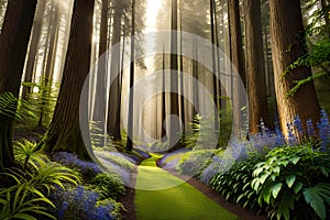 A stunning forest scene with towering redwood trees and a lush green understory, creating a majestic woodland cathedral