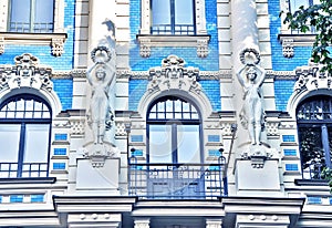 Stunning fragment of a building in Art Nouveau District in Riga, Latvia photo