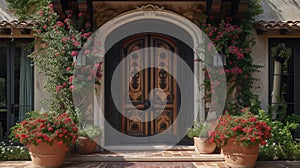 A stunning front door in a Mediterranean villa featuring handcarved wooden panels and intricate ironwork photo
