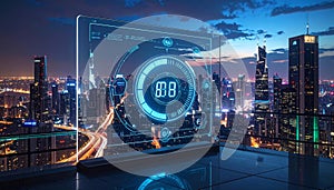 Futuristic Cityscape with Holographic Interface Display