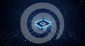 Glowing central processor radiating digital power