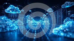 Futuristic Cloud Computing Data Center with Glowing Blue Clouds