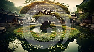 Stunning garden in the center of the pond with mirror like pond reflection, with nature beauty oriental pavilion