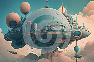 Stunning Generative AI illustration of fantastical surreal sci-fi floating city with beautiful pastel colouring and futuristic