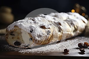 A stunning German stollen, with a dusting of powdered sugar.