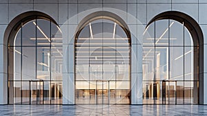 A stunning glass facade with a series of arched doorways creating a modern and minimalistic entrance to a building