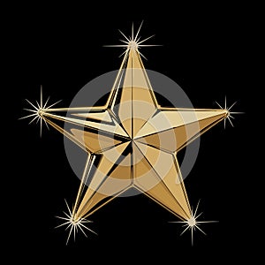 Shiny 3D Gold Star with Sparkles on Black Background