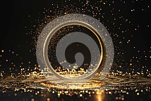 A stunning golden circular frame with sparkling particles, ideal for exclusive event invitations, luxury branding, or