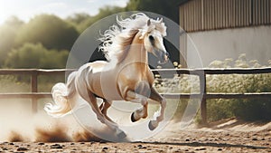 Stunning Golden Horse Captured in Mid-Stride with Flowing White Mane. Stunning Purebred Horse Captured Mid-Gallop.