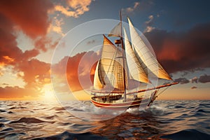 Stunning golden hour. serene sailing yacht gracefully navigating the ocean waves at sunset