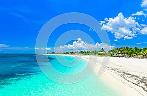 Amazing view of a tropical white sand beach and tranquil turquoise ocean at Cayo Coco island, Cuba photo