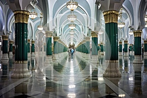 A stunning and grand hallway in a building adorned with tall columns and elegant chandeliers., Nabawi Masjid, a mosque in Al photo