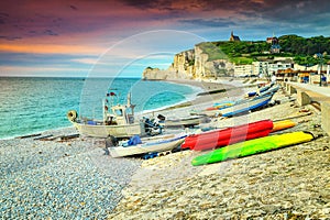 Stunning gravel beach and colorful boats, Etretat, Normandy, France