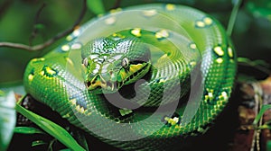 Green Tree Python Among Dense Forest Foliage