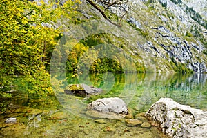 Stunning green waters of Obersee, located near Konigssee, known as Germany`s deepest and cleanest lake, situated in the extreme s