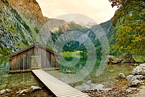 Stunning green waters of Obersee, located near Konigssee, known as Germany`s deepest and cleanest lake, situated in the extreme s