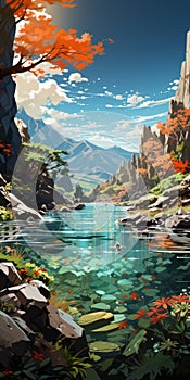 Retrovirus Camping Poster: Scenic View Of Reef In Water And Mountain Painting photo