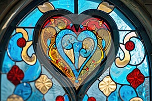 A stunning heart shaped stained glass window in a church, showcasing colorful patterns and intricate details, A stained glass