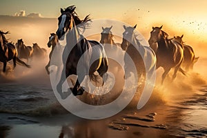 Stunning Herd Of Horses Running at sunset. Amazing wild life. Generative Ai