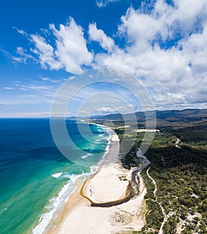 Stunning high angle aerial panoramic drone view of Lagoons Beach Conservation Area, Tasmania