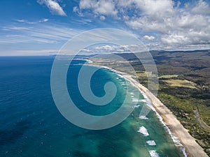 Stunning high angle aerial panoramic drone view of Lagoons Beach Conservation Area, Tasmania