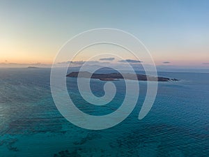 Stunning high angle panoramic aerial drone view of Isla de Lobos, a small uninhabited island near Fuerteventura