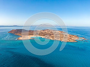 Stunning high angle panoramic aerial drone view of Isla de Lobos, a small uninhabited island near Fuerteventura