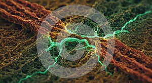Microscopic view of neural pathways glowing green