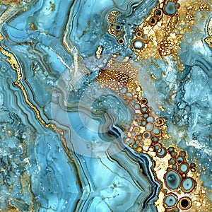 Blue and Gold Agate Texture Seamless Marble Pattern AI generated.