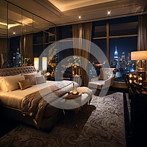 Opulent Bedroom: Elegance and Luxury in a Cityscape Reflection photo
