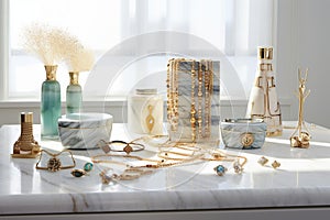 Elegant Handcrafted Jewelry on White Marble Table photo