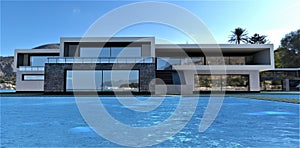 Stunning high-tech house on the shores of the bay in Tenerife. Clear skies and blue water. 3d render.