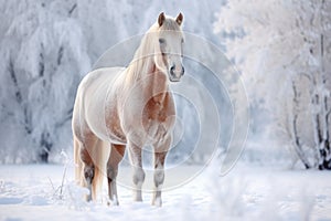 A stunning horse stands in a snowy forest, creating a picturesque winter background