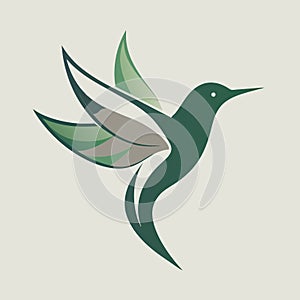 A stunning hummingbird with emerald green wings against a clean white backdrop, Subtle and elegant logo featuring a hummingbird