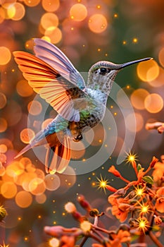 Stunning Hummingbird in Flight Against Shimmering Bokeh Background with Floral Elements