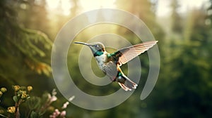 Stunning Hummingbird In Flight: Anamorphic Lens Flare Forest Stock Photo