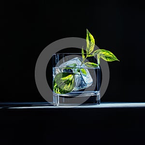 Stunning Hyper-Realism Photograph Featuring a Single Glass Object with a Plant Inside for Ideal Text Space photo