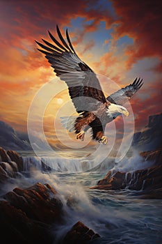 Stunning illustration of a bald eagle soaring with a dramatic sunset backdrop symbolizing freedom and independence