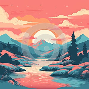 Bold Graphic Illustration Of Romantic Riverscapes At Sunset photo